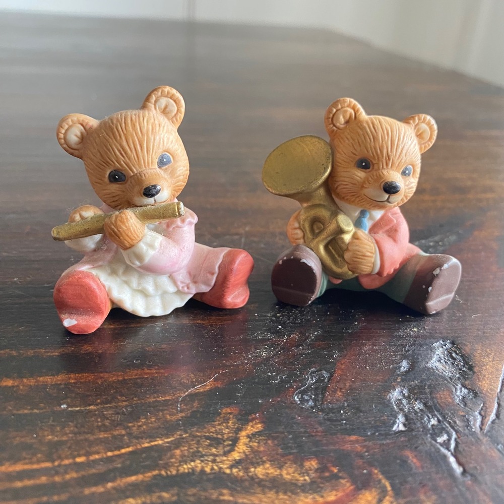 Vintage Homco Musical Bear Figurines Set‎ of 2 Porcelain Flute Tuba 1422 Trinket